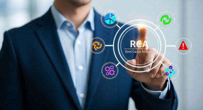 Businessman touching virtual screen with RCA root cause analysis dashboard graphics