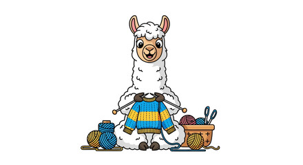 Obraz premium Cute llama knitting a sweater, surrounded by yarn and needles
