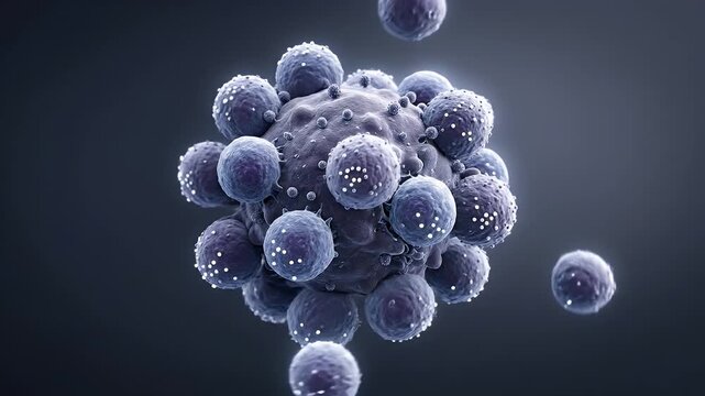 Immune cells attacking virus particle in detailed 3D medical illustration with spherical microscopic render showing textured surfaces and particles floating around in dark background infection defense