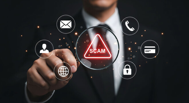 Businessman holding magnifying glass over glowing neon scam sign and digital icons