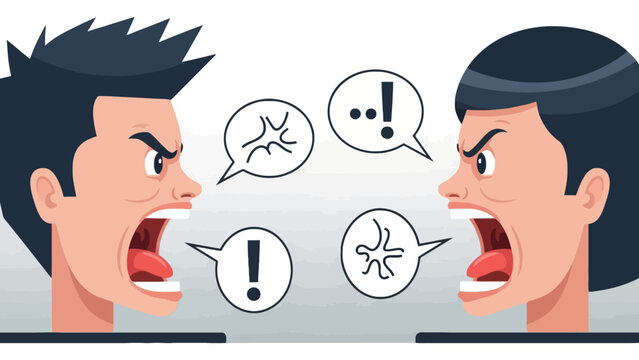Couple arguing, shouting faces, conflict speech bubbles, disagreement, argument illustration.