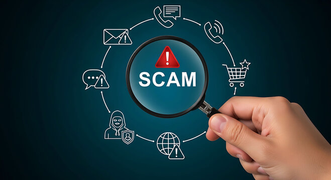 Hand holding magnifying glass over scam alert text with circular cyber icons