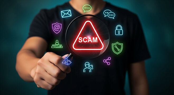 Man holding magnifying glass over glowing neon scam alert and cyber security icons