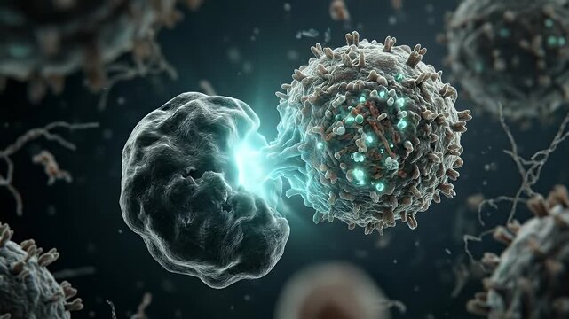 Immune cell attacking virus particle with glowing interaction and detailed surface structures dark microscopic environment showing dynamic biological defense mechanism 3d rendering infection response
