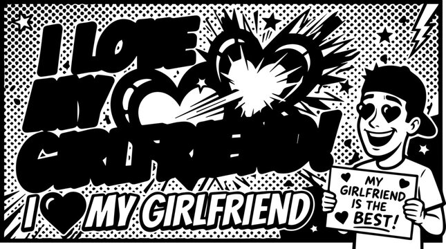 Valentine's day concept with cartoon girlfriend holding love sign