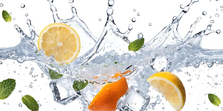 Refreshing citrus fruit slices falling into water with ice cubes mint leaves and dynamic water splashes refreshing cocktail beverage isolated background sparkling movement transparency