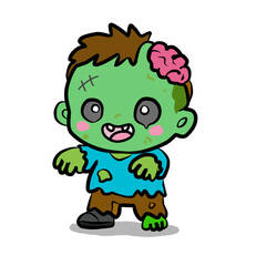 Obraz premium Cute Halloween zombie vector illustration, featuring a smiling face, visible brain, and torn clothing. Halloween concept, isolated on a white background.
