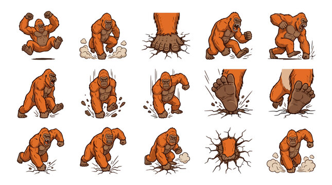 Dynamic orange gorilla action poses cracking the ground.