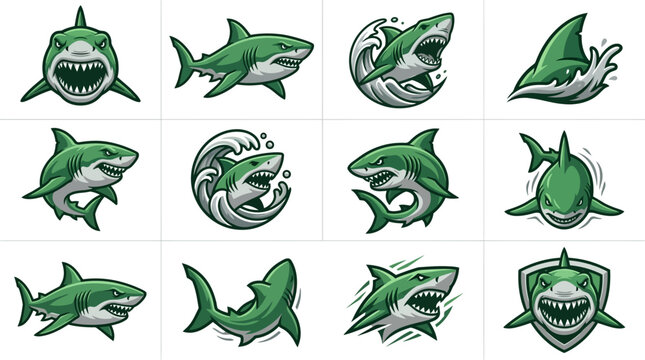 Dynamic green shark icons with water splashes and shields.