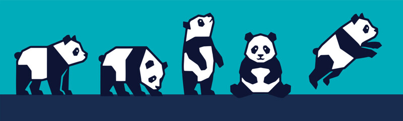 Cute cartoon panda bears in various poses on a blue background, depicting different actions and expressions. © Riki