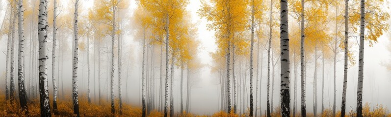 Fototapeta premium Enchanting scene of an autumn forest enveloped in mist.