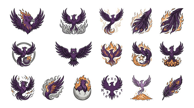 Dark purple phoenix bird character icons.