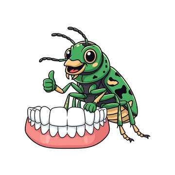 Happy Green Beetle Giving Thumbs Up to Dentures