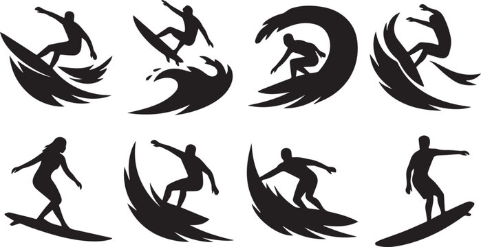 Surfing silhouettes collection featuring surfers riding big ocean waves barrel riding catching waves and performing tricks