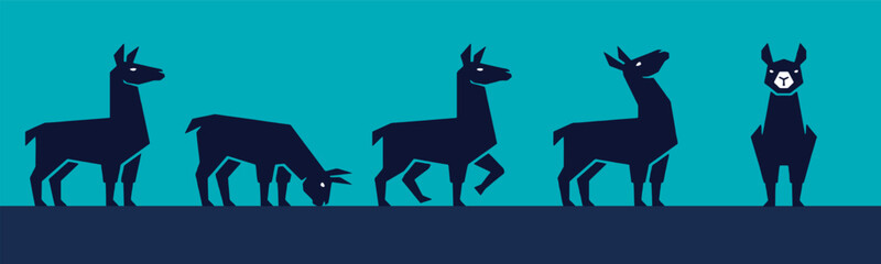 Obraz premium Illustration of a row of llama silhouettes in different poses against a blue background, showcasing various actions and expressions of the animal.