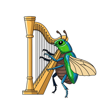Cartoon beetle playing harp, whimsical insect musician, isolated on white