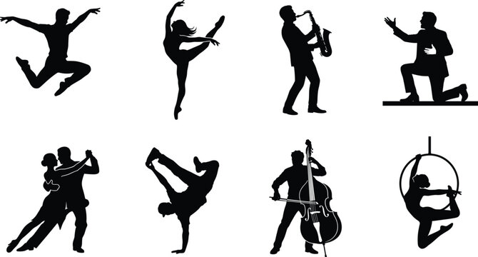Collection of performing arts and entertainment silhouettes representing dance, music performance, acrobatics, and theatrical acting