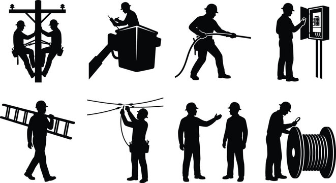 Set of black silhouettes of electricians and lineworkers repairing power grid infrastructure and electrical systems