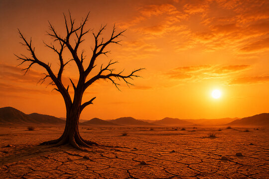 Leafless tree standing under hot sun in dry desert