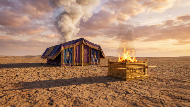 A richly decorated tabernacle and golden altar with sacrificial fire in the desert under a dramatic sunset sky
