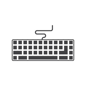 Minimalist flat vector icon of a dark grey wired computer keyboard with a curved USB cable, isolated on a clean white background.