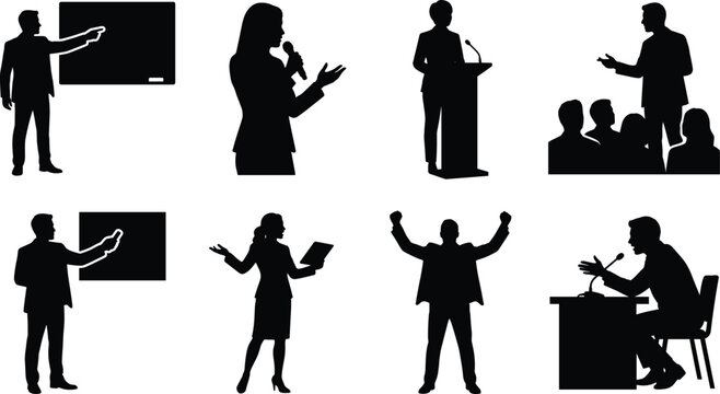 Set of public speaker silhouettes representing corporate presentation business seminar training conference speech and leadership concepts