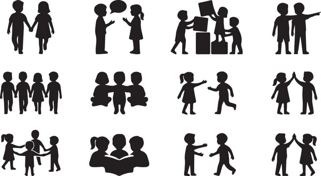 Collection of kids friendship and teamwork silhouettes depicting active children playing communicating reading and sharing together