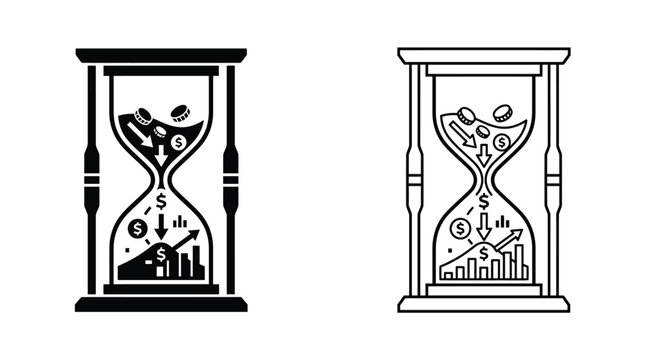 Hourglass icons representing time money and financial growth concept on a white background