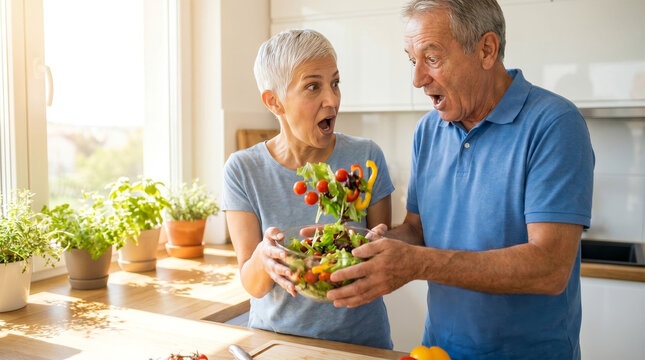 Surprised 驚き 029 Surprised Senior Couple Tossing Salad in the Kitchen with Vegetables Flying in the Air（キッチンでサラダを混ぜて野菜が宙に舞い、驚くシニア夫婦）