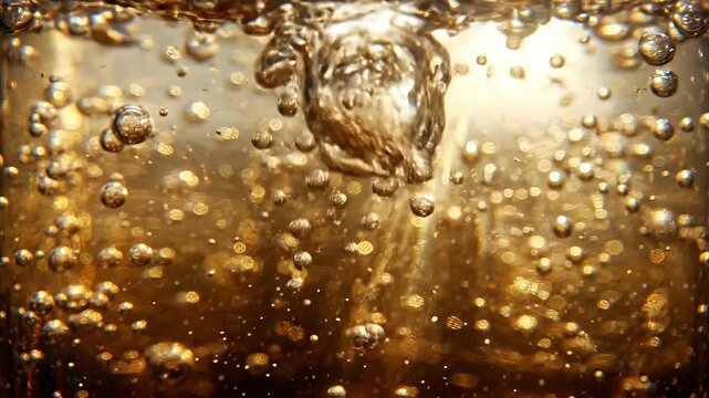 Golden sparkling carbonated beverage with fizzy bubbles rising in liquid effervescence creating refreshing dynamic vibrant drink full of energy and motion under warm light reflections
