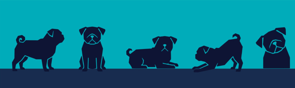 Cute Pug Dog Silhouettes in Various Poses on a Blue Background, Vector Illustration.