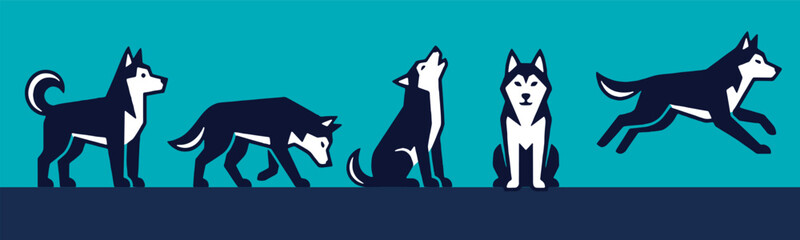 Set of husky dogs in various poses: standing, sniffing, howling, sitting, and running, depicted in a flat graphic style. © Riki