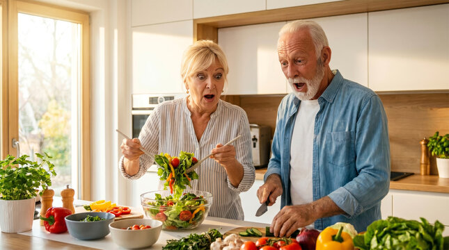 Surprised 驚き 030 Surprised Senior Couple Tossing Salad and Cutting Cucumber in a Bright Kitchen（明るいキッチンでサラダを混ぜながらきゅうりを切り、驚くシニア夫婦）