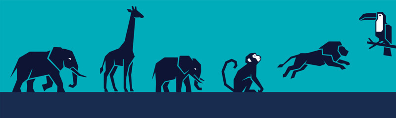 Fototapeta premium Silhouettes of various African animals including elephants, giraffe, monkey, lion, and toucan against a blue background, representing wildlife and nature.