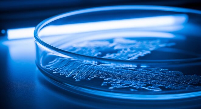 Closeup of bacteria growth in a petri dish under blue light