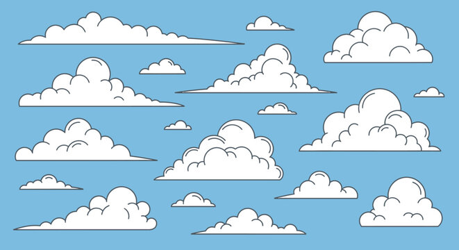 Set of various fluffy white clouds isolated on a blue sky background.