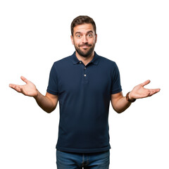 Naklejka premium Confused man raising hands isolated on transparent background