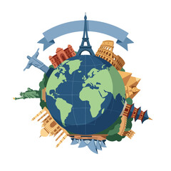 Naklejka premium Global Landmarks Around Earth: Travel Around the World Globe Illustration