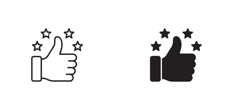 Thumbs up icons with stars for approval and rating on white background