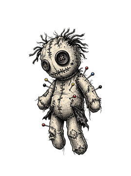 Spooky stitched voodoo doll illustration with pins inserted