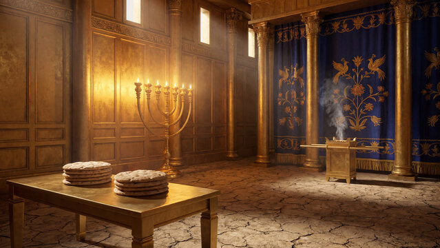 Detailed view of a sacred ancient holy place interior featuring a golden menorah, showbread, and altar of incense