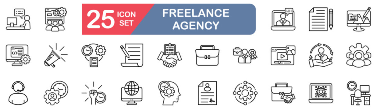 freelance agency set of web icons in line style. vector illustration concept relate to Containing freelancer, remote, outsourcing, gig, project, contract, digitalwork, upwork, fiverr