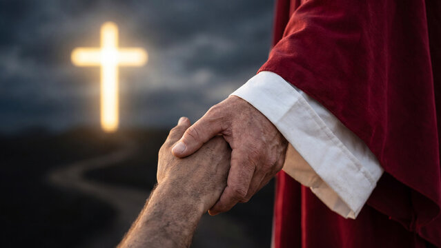 The hand of Jesus offering salvation and guidance to a person in need. A glowing cross symbolizes faith and hope