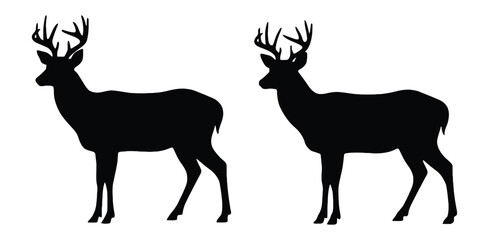 Antelope silhouette icon set, white background, vector Illustration. A sleek black silhouette vector illustration of an antelope standing upright with curved horns and a slender body.  © ontor