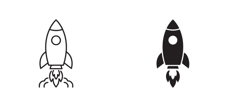 rocket ship icons with flames  one filled and one line art  symbolizing launch and exploration