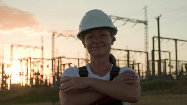 Portrait of electrical engineer in hard hat smiling and looking at camera against background of high-voltage transformer substation at sunset