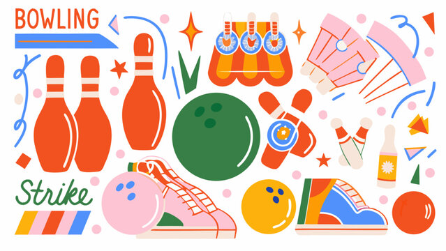 Bowling pins ball and shoes vector illustration with colorful shapes and dynamic arrangement strike sport game
