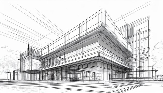 modern architecture building construction perspective design building sketch line drawing on white background