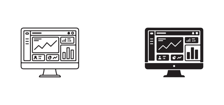 computer monitors with graphs and charts on screens in black and white line art style  business data analysis and statistics concept
