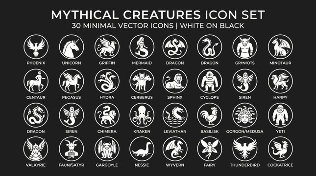 Mythical creatures icon set features 30 minimal vector icons on a white background.
